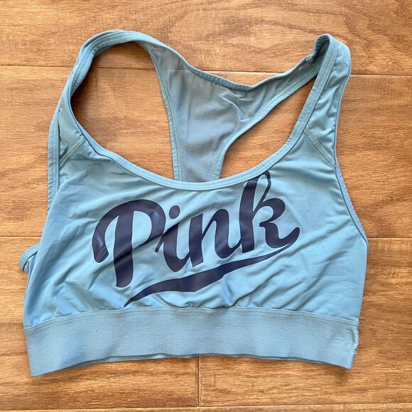 PINK Other - PINK Victoria's Secret Sports Bra Size M Light Blue Spell Out Mesh Racerback
